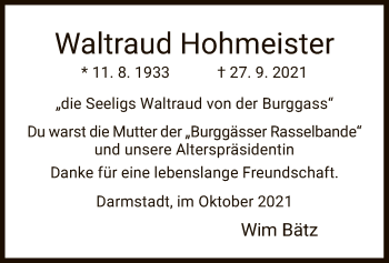 Traueranzeige von Waltraud Hohmeister von HZ