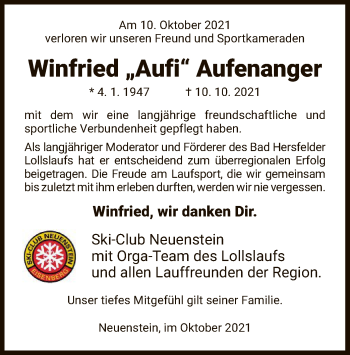 Traueranzeige von Winfried Aufenanger von HZ