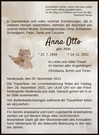 Traueranzeige von Anna Otto von HZ
