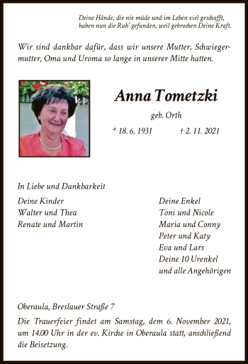 Traueranzeige von Anna Tometzki von HZ