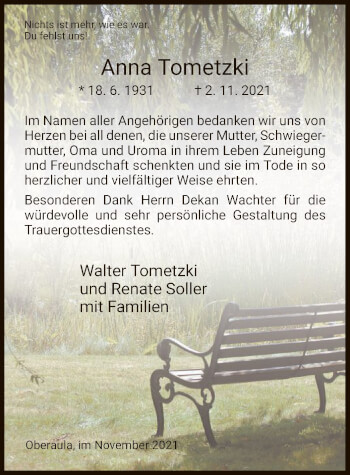 Traueranzeige von Anna Tometzki von HZ