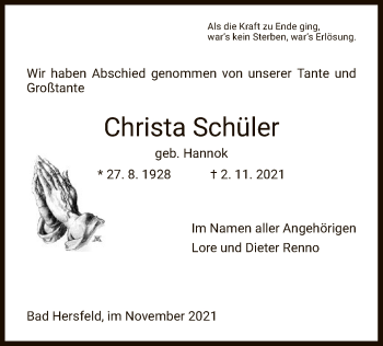 Traueranzeige von Christa Schüler von HZ