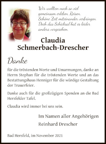 Traueranzeige von Claudia Schmerbach-Drescher von HZ