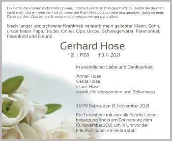 Traueranzeige von Gerhard Hose von HNA