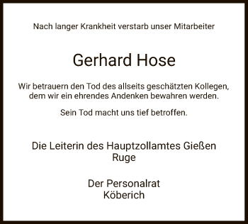 Traueranzeige von Gerhard Hose von HZ