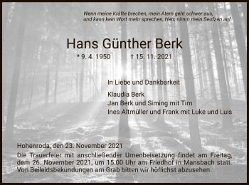 Traueranzeige von Hans Günther Berk von HZ