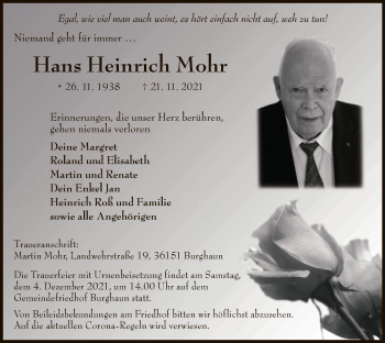 Traueranzeige von Hans Heinrich Mohr von HZ