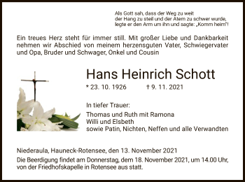 Traueranzeige von Hans Heinrich Schott von HZ