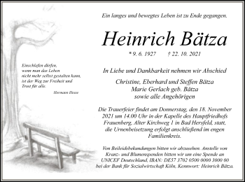 Traueranzeige von Heinrich Bätza von HZ