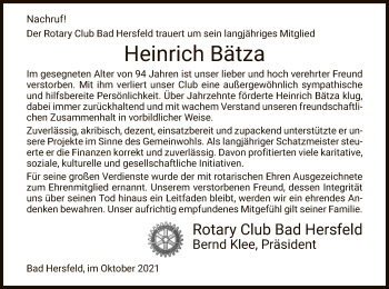 Traueranzeige von Heinrich Bätza von HZ