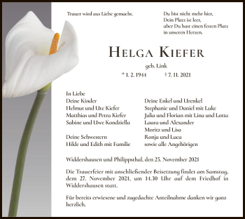 Traueranzeige von Helga Kiefer von HZ