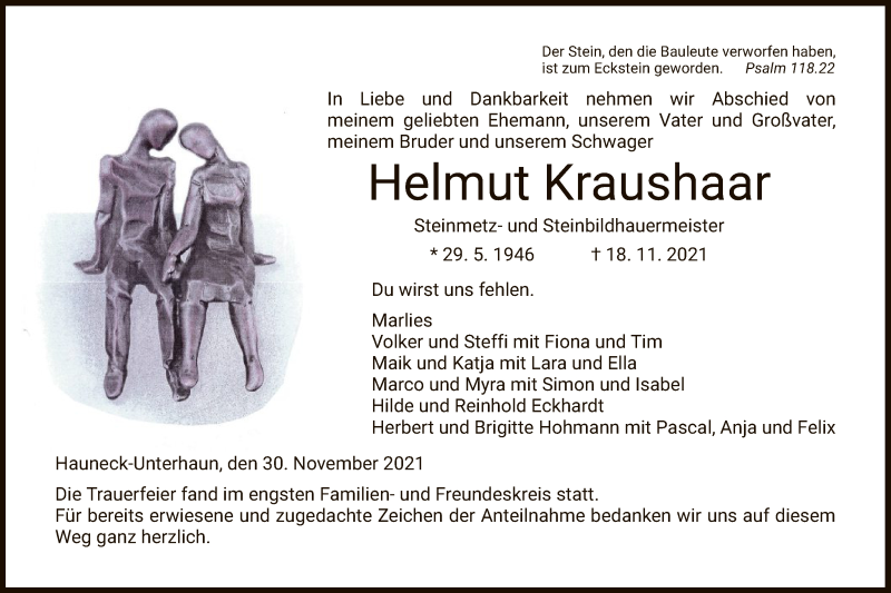 Traueranzeige für Helmut Kraushaar vom 30.11.2021 aus HZ