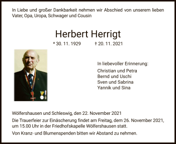 Traueranzeige von Herbert Herrigt von HZ