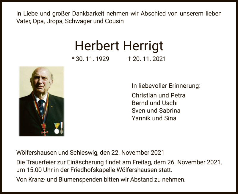  Traueranzeige für Herbert Herrigt vom 24.11.2021 aus HZ