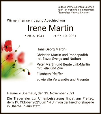 Traueranzeige von Irene Martin von HZ