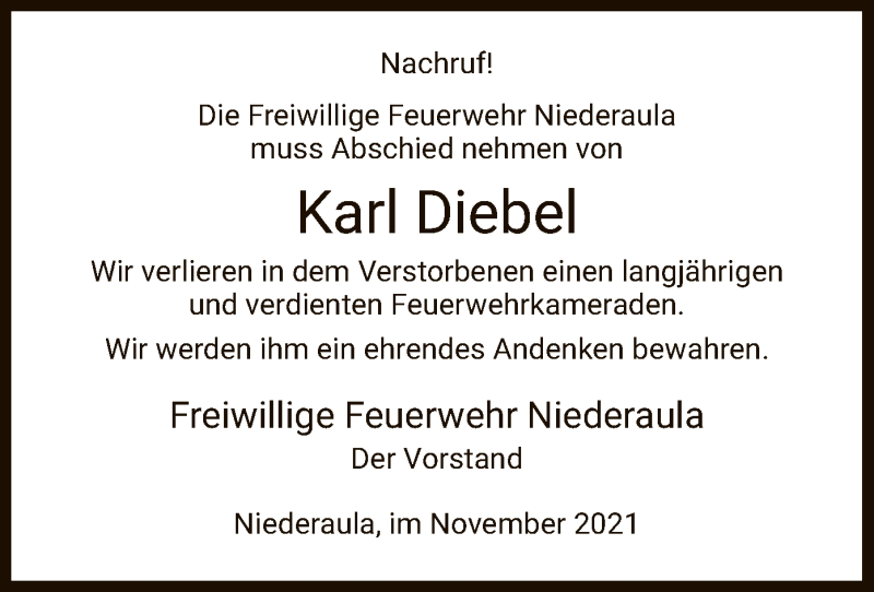  Traueranzeige für Karl Diebel vom 12.11.2021 aus HZ