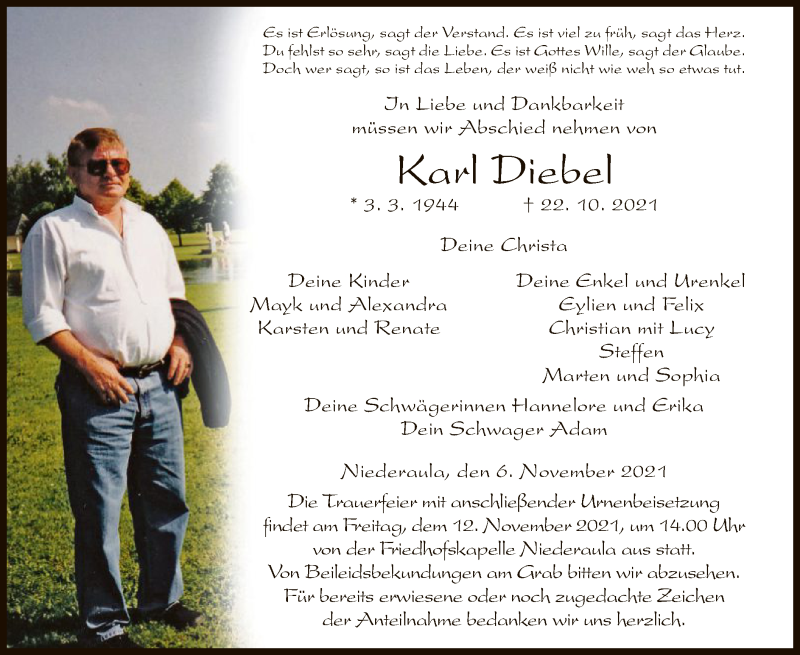  Traueranzeige für Karl Diebel vom 06.11.2021 aus HZ