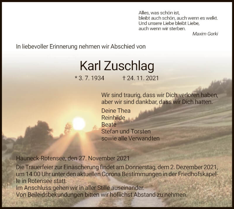  Traueranzeige für Karl Zuschlag vom 27.11.2021 aus HZ