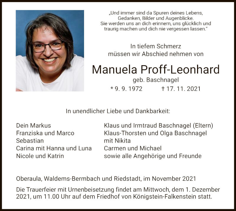 Traueranzeige für Manuela Proff-Leonhard vom 27.11.2021 aus HZ
