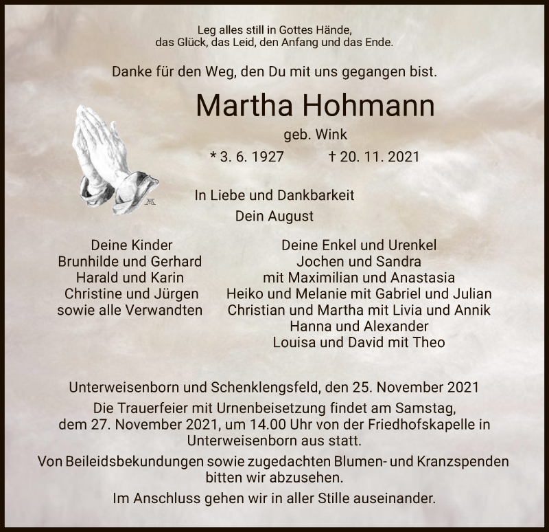  Traueranzeige für Martha Hohmann vom 25.11.2021 aus HZ