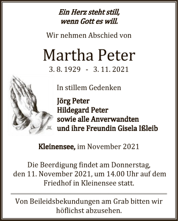 Traueranzeige von Martha Peter von HNA