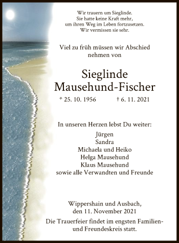 Traueranzeige von Sieglinde Mausehund-Fischer von HZ