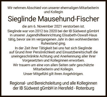 Traueranzeige von Sieglinde Mausehund-Fischer von HZ