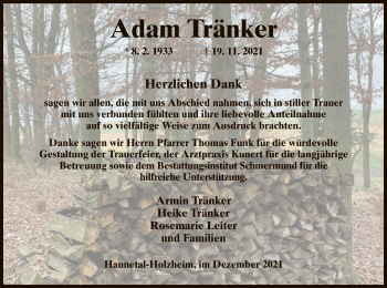 Traueranzeige von Adam Tränker von HZ