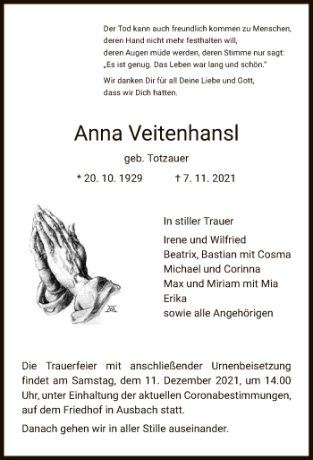 Traueranzeige von Anna Veitenhansl von HZ