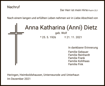 Traueranzeige von Anna Katharina Dietz von HZ