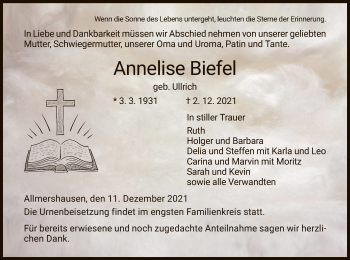 Traueranzeige von Annelise Biefel von HZ