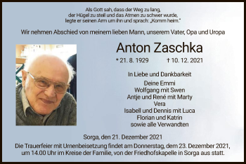 Traueranzeige von Anton Zaschka von HZ