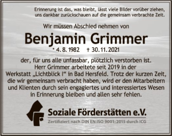 Traueranzeige von Benjamin Grimmer von HZ