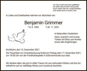 Traueranzeige von Benjamin Grimmer von HZ