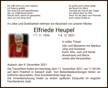 Traueranzeige von Elfriede Heupel von HZ