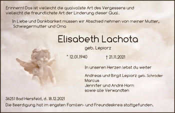 Traueranzeige von Elisabeth Lachota von HZ