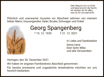 Traueranzeige von Georg Spangenberg von HZ