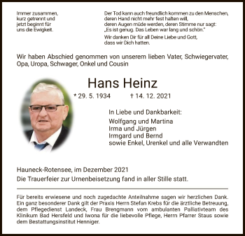 Traueranzeige von Hans Heinz von HZ