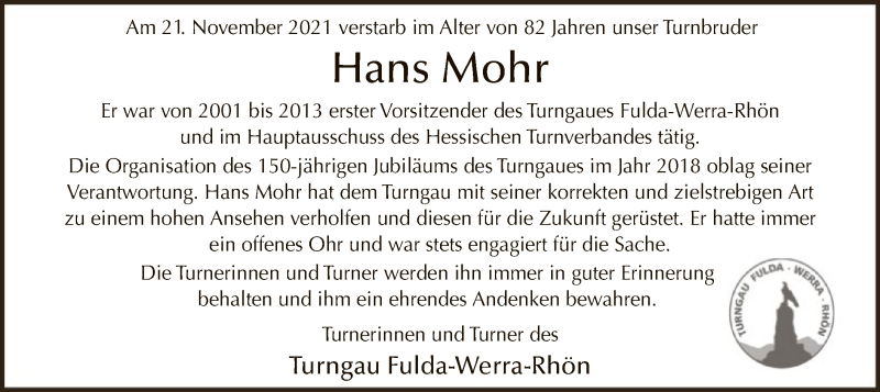  Traueranzeige für Hans Mohr vom 06.12.2021 aus HZ