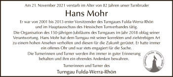 Traueranzeige von Hans Mohr von HZ