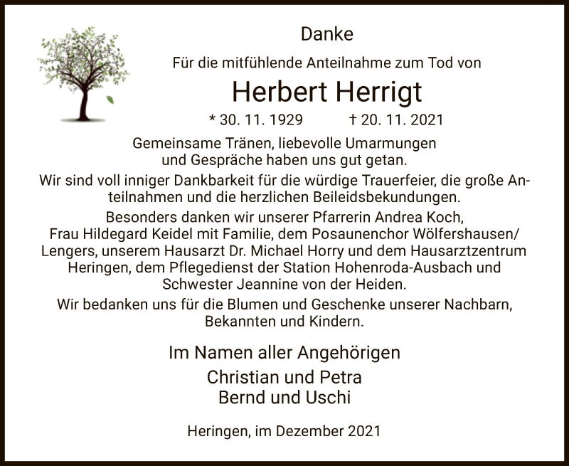  Traueranzeige für Herbert Herrigt vom 04.12.2021 aus HZ