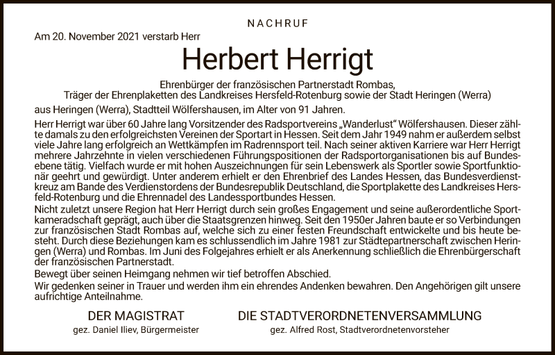  Traueranzeige für Herbert Herrigt vom 04.12.2021 aus HZ