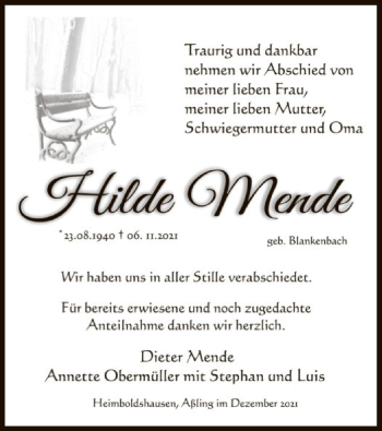 Traueranzeige von Hilde Mende von HZ