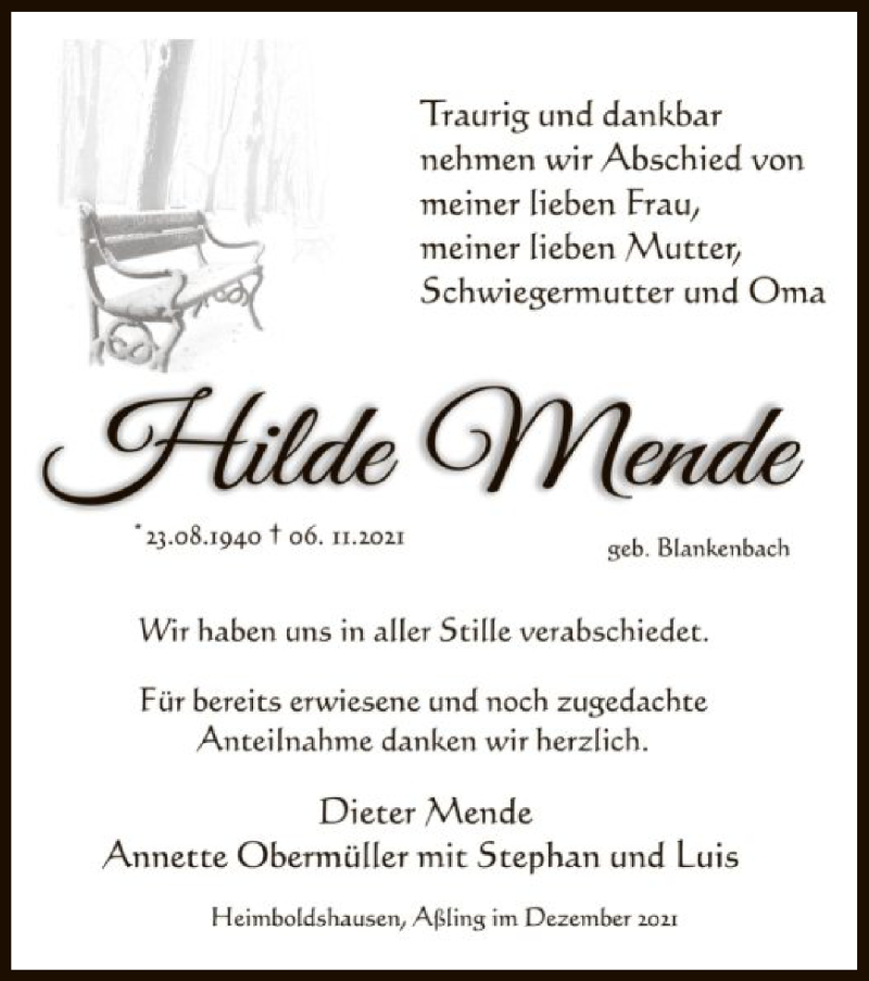  Traueranzeige für Hilde Mende vom 18.12.2021 aus HZ