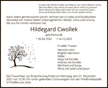 Traueranzeige von Hildegard Cwollek von HNA