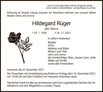 Traueranzeige von Hildegard Rüger von HZ