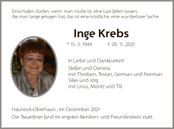 Traueranzeige von Inge Krebs von HZ