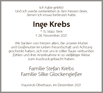 Traueranzeige von Inge Krebs von HZ