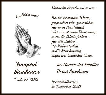 Traueranzeige von Irmgard Steinhauer von HZ