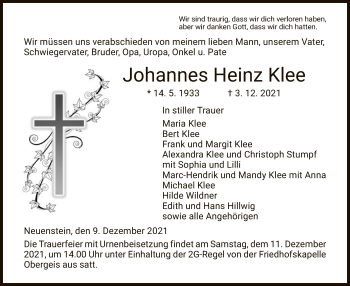 Traueranzeige von Johannes Heinz Klee von HZ